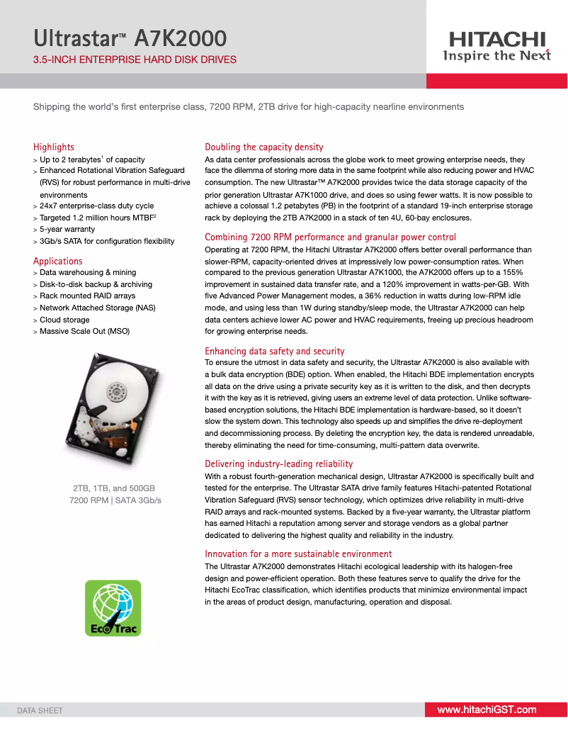 Page 1 de la notice Manuel utilisateur HGST Ultrastar A7K2000