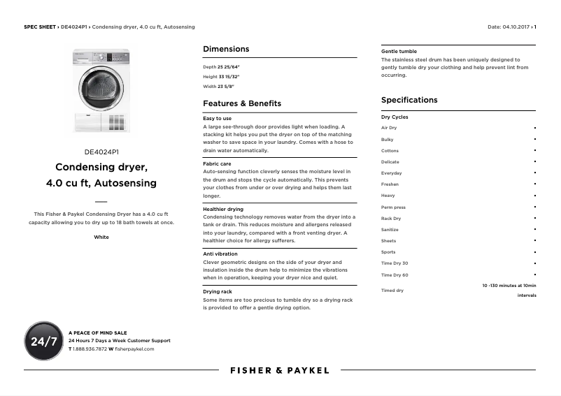 Page 1 de la notice Fiche technique Fisher & Paykel DE4024P1