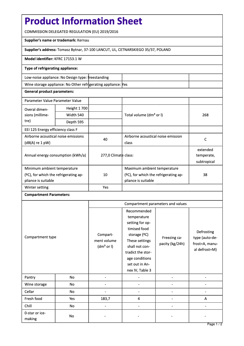 Page 1 de la notice Fiche technique Kernau KFRC 17153.1 W