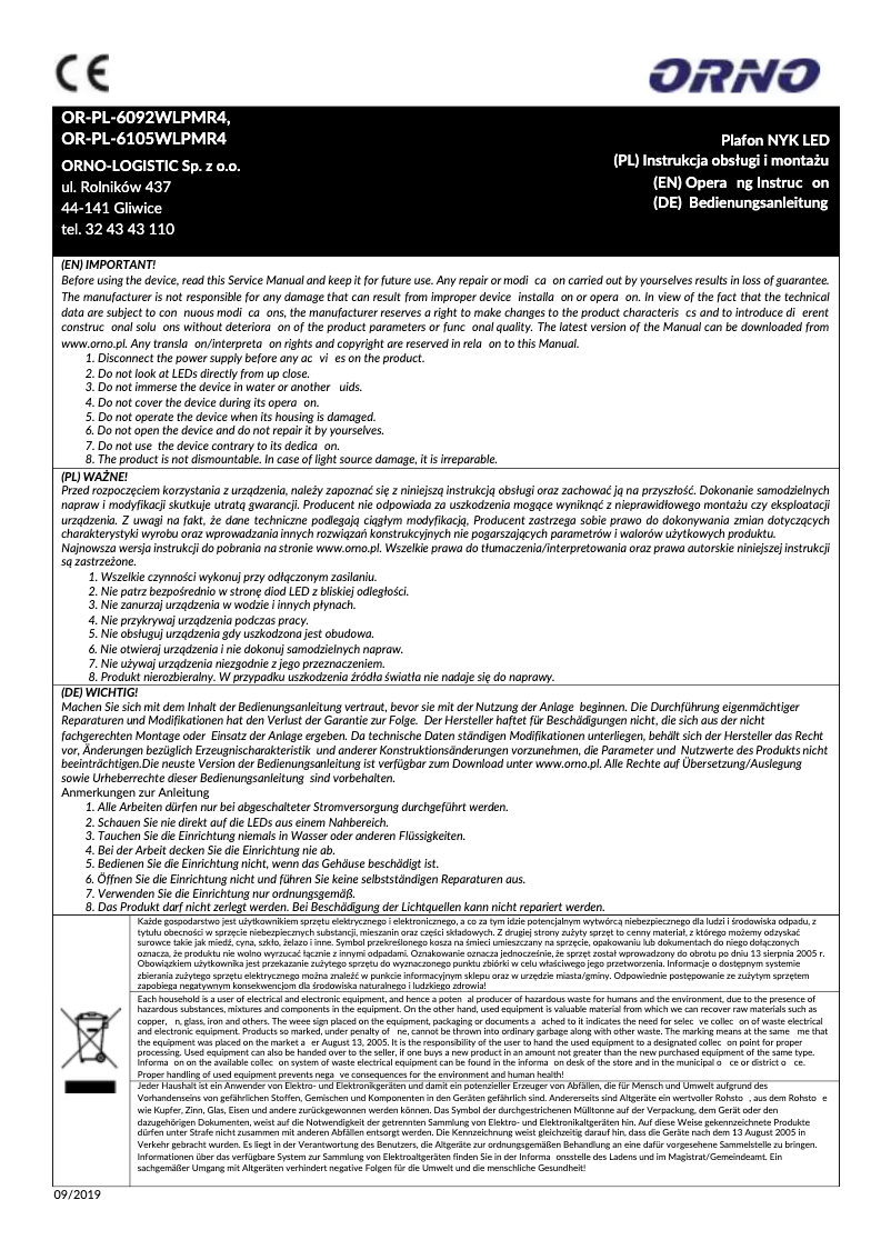 Image de la première page du manuel de l'appareil OR-PL-6092WLPMR4