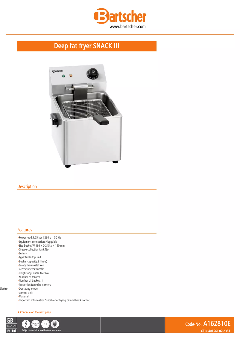 Page 1 de la notice Fiche technique Bartscher Snack III A162810E