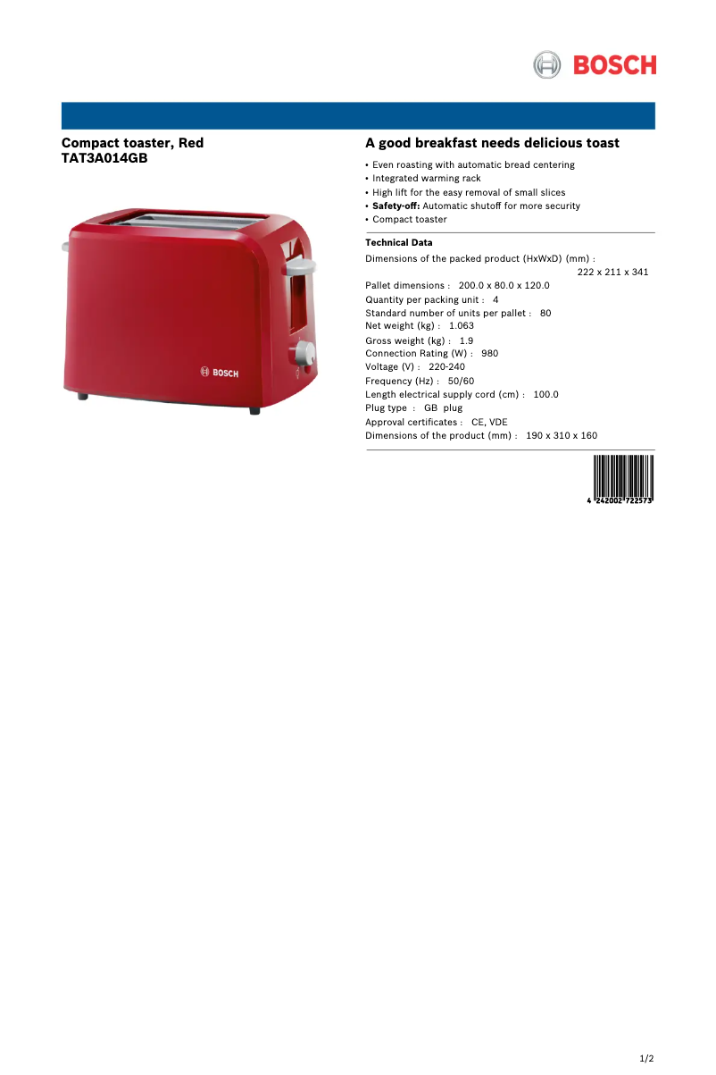 Página 1 del manual Ficha técnica Bosch Village Collection TAT3A014GB