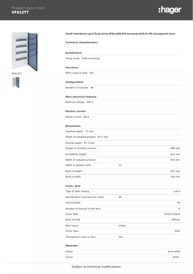 Page n°1 - Fiche technique Hager VF412TT