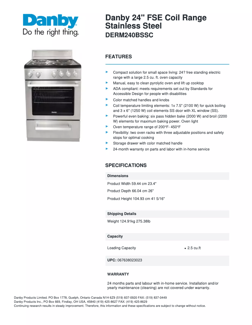 Page n°1 - Fiche technique Danby DERM240BSSC