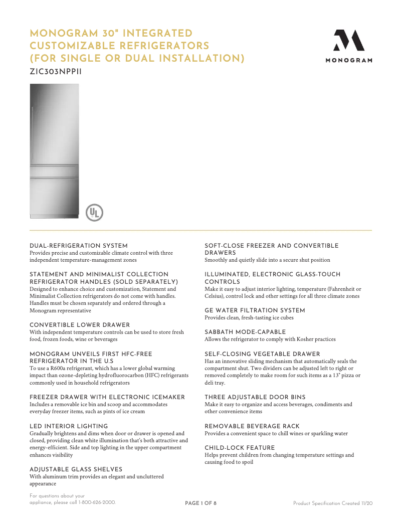 Page 1 de la notice Fiche technique Monogram ZIC303NPPII