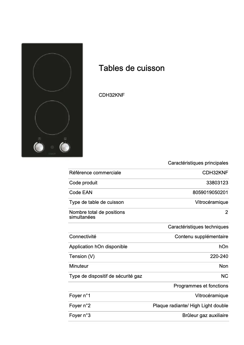 Page 1 de la notice Fiche technique Candy CDH32KNF