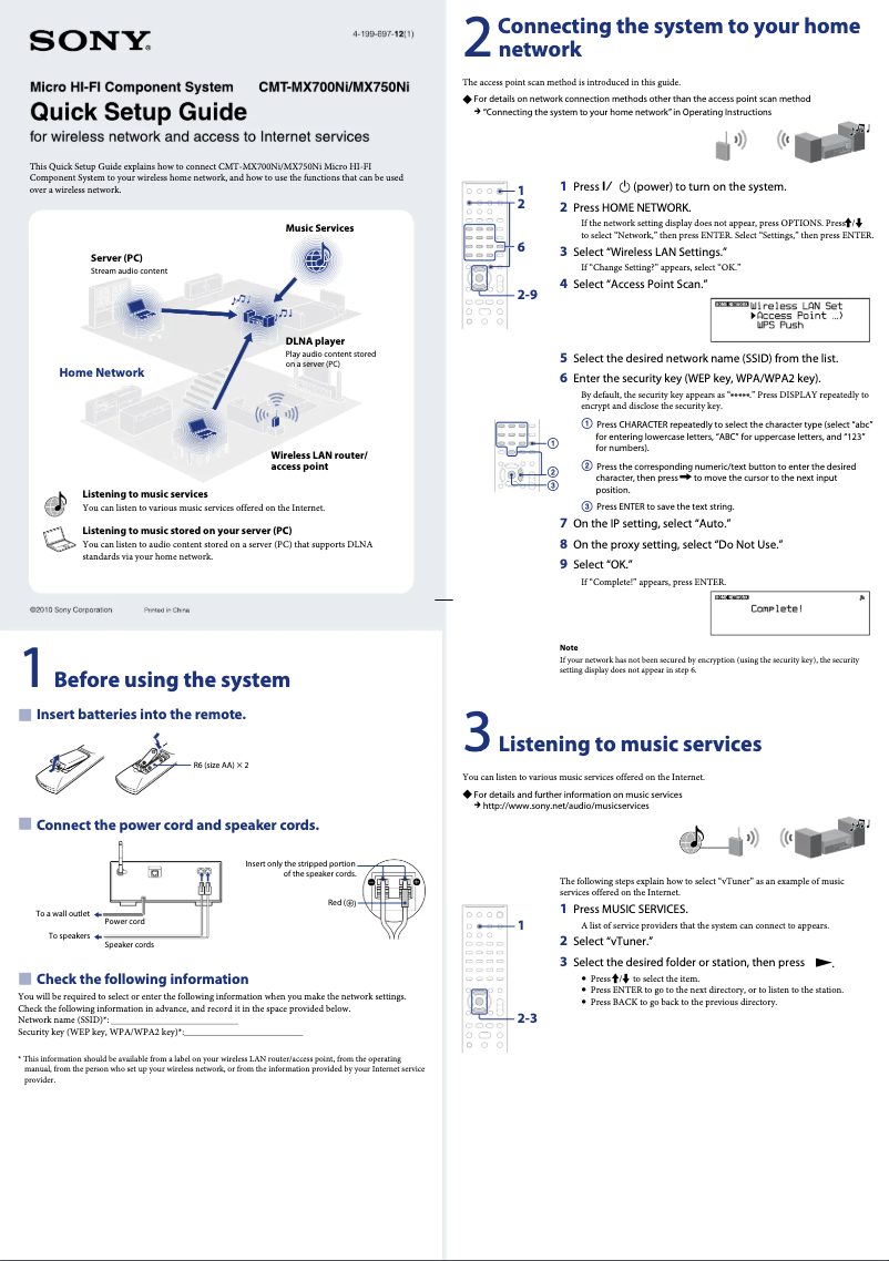 Page 1 de la notice Guide d'installation Sony CMT-MX700Ni