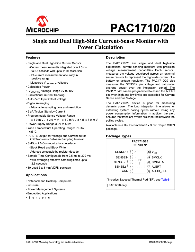 Page 1 de la notice Fiche technique Microchip PAC1720
