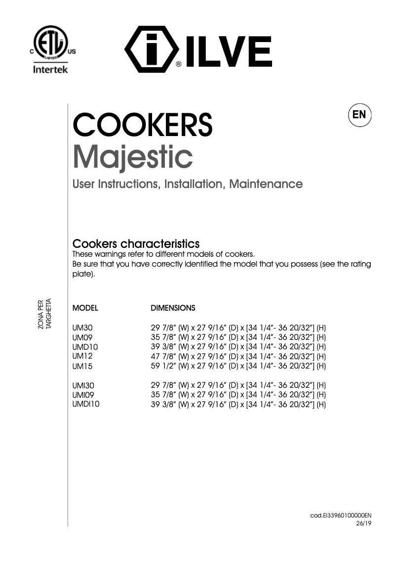 Page n°1 - Manuel d'utilisation et d'entretien Ilve UMI30NE3WHP