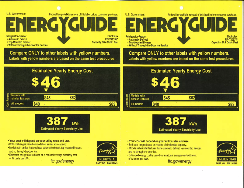Page n°1 - Label énergétique Frigidaire FFHT2033VS
