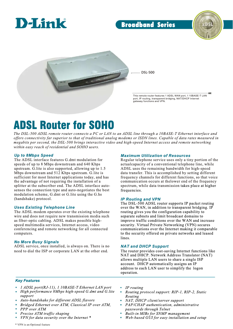 Page 1 de la notice Fiche technique D-Link DSL-500