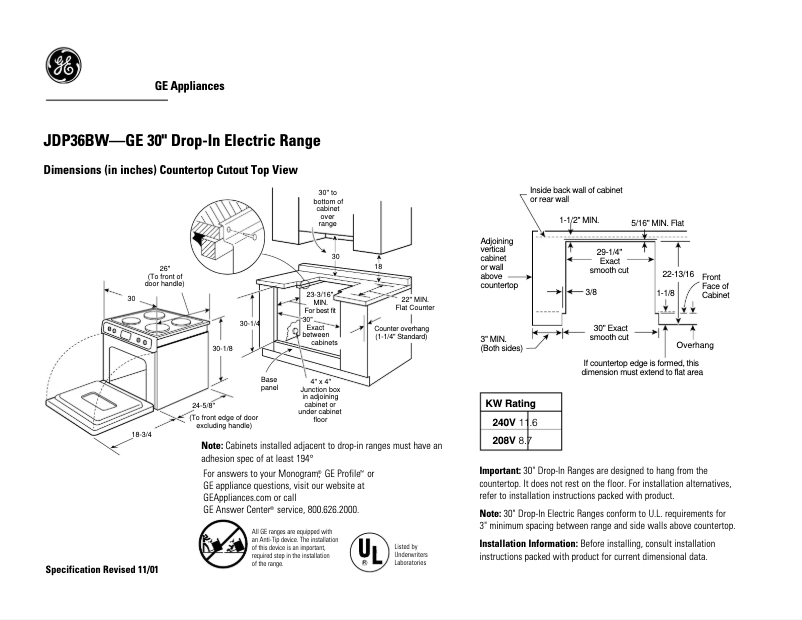 Página 1 del manual Ficha técnica GE JDP36BWWH