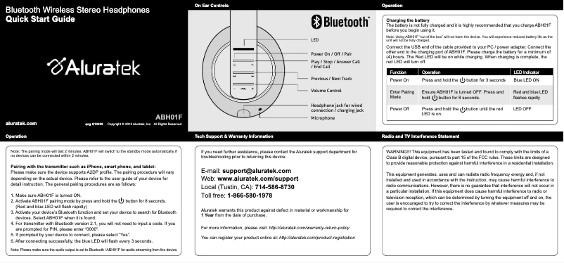 Page 1 de la notice Mode d'emploi Aluratek ABH01F