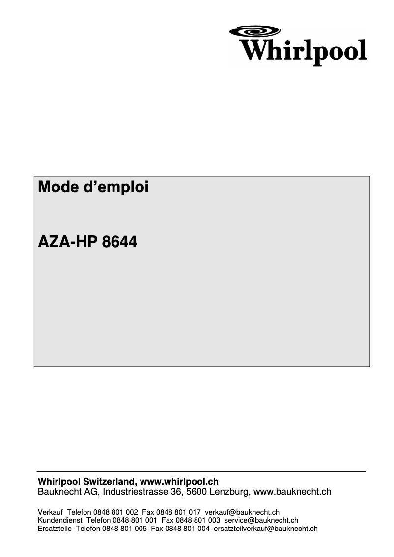 Page 1 de la notice Manuel utilisateur Whirlpool AZA-HP 8644