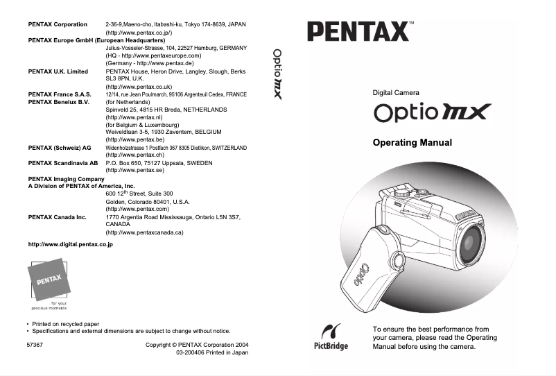 Página 1 del manual Manual de usuario Pentax Optio MX