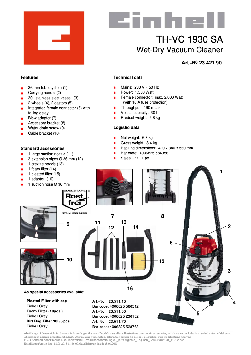 Page 1 of the manual Technical Sheet Einhell TH-VC 1930 SA