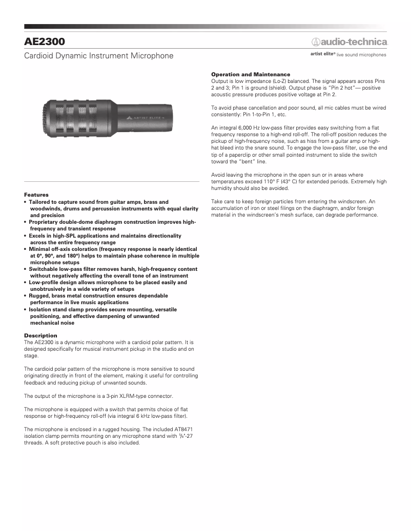 Page n°1 - Fiche technique Audio-Technica AE2300