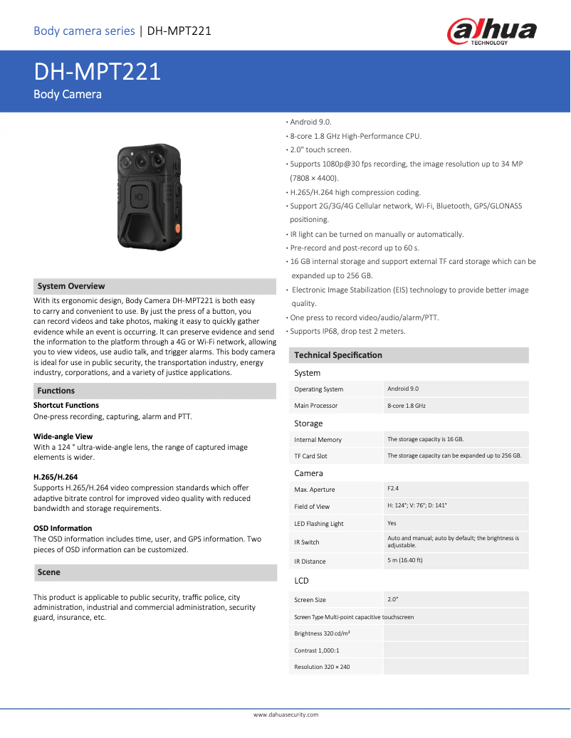 Page 1 de la notice Fiche technique Dahua Technology MPT221