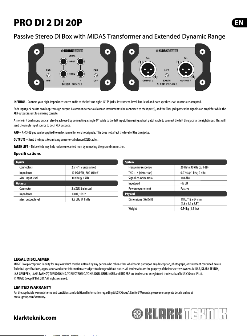 Page 1 de la notice Manuel utilisateur Klark Teknik PRO DI 20P