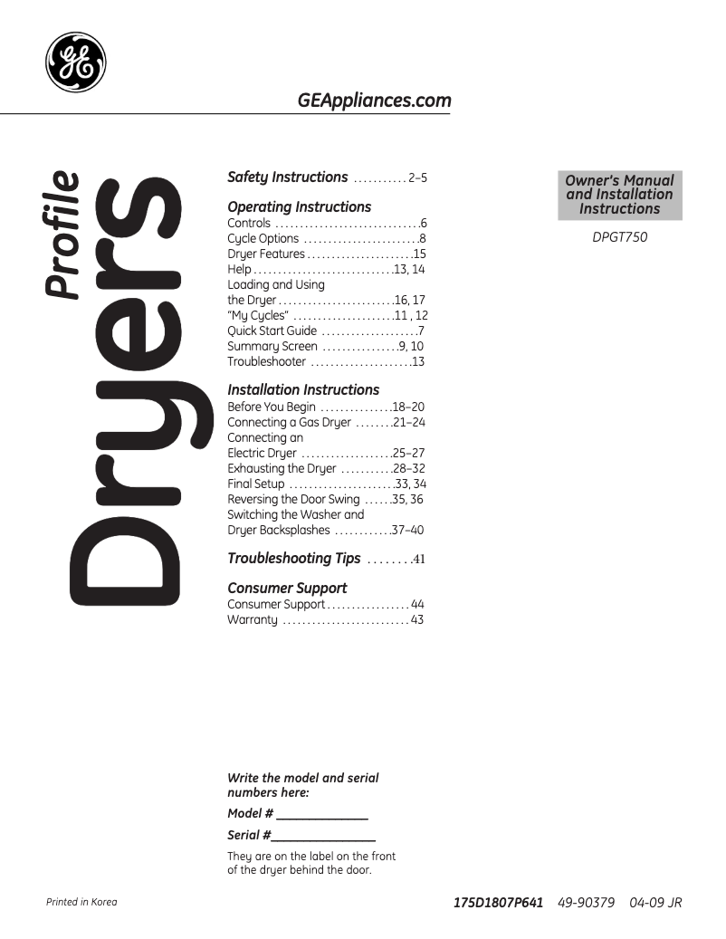 Page 1 of the manual Use and Maintenance Manual GE Profile Harmony DPGT750GCWW