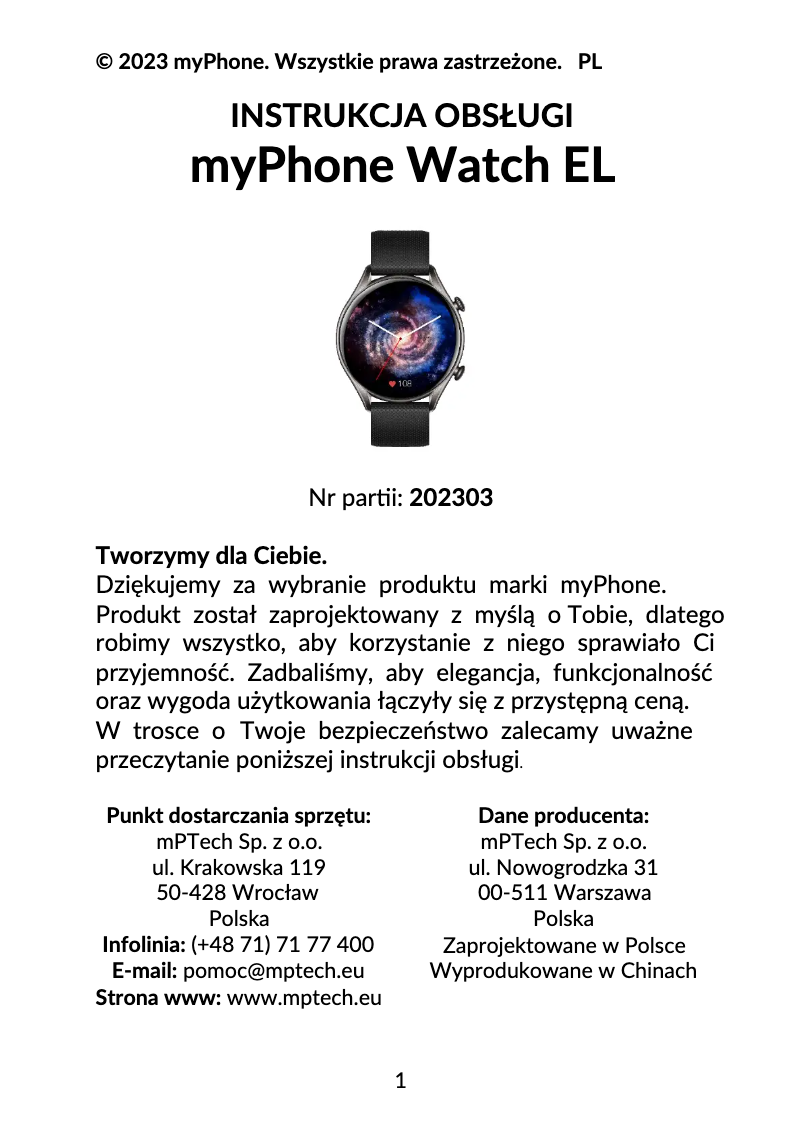 Page 1 de la notice Manuel utilisateur myPhone Watch EL