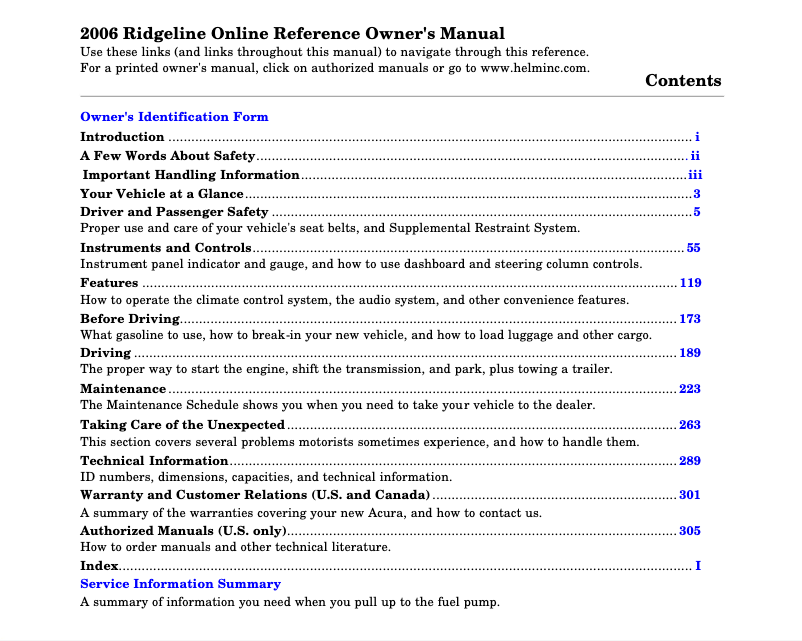 Página 1 del manual Manual de usuario Honda Ridgeline (2006)