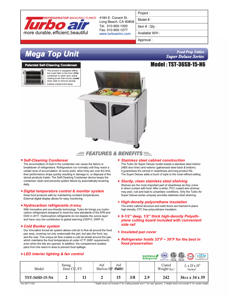 Page 1 de la notice Fiche technique Turbo air TST-36SD-15