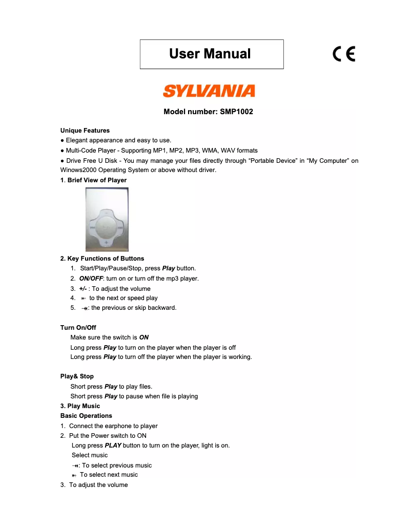 Page 1 de la notice Manuel utilisateur Sylvania SMP1002