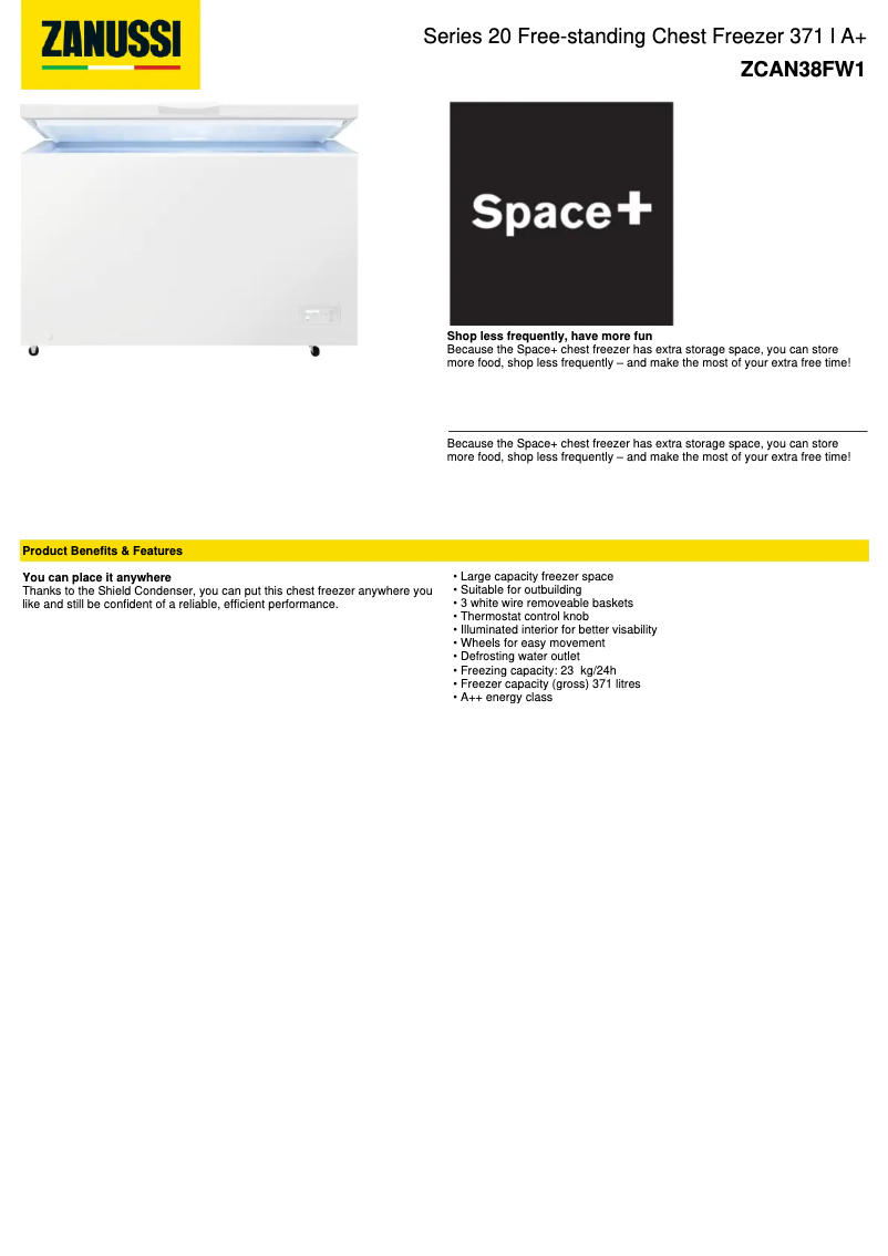 Page 1 de la notice Fiche technique Zanussi ZCAN38FW1