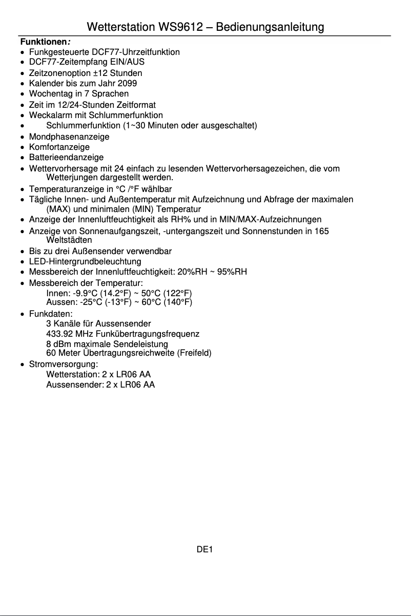 Image de la première page du manuel de l'appareil WS 9612