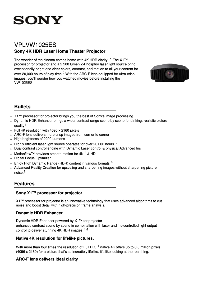 Página 1 del manual Ficha técnica Sony VPL-VW1025ES