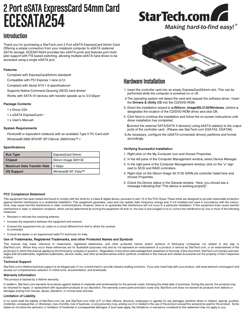 Page n°1 - Manuel utilisateur StarTech.com ECESATA254