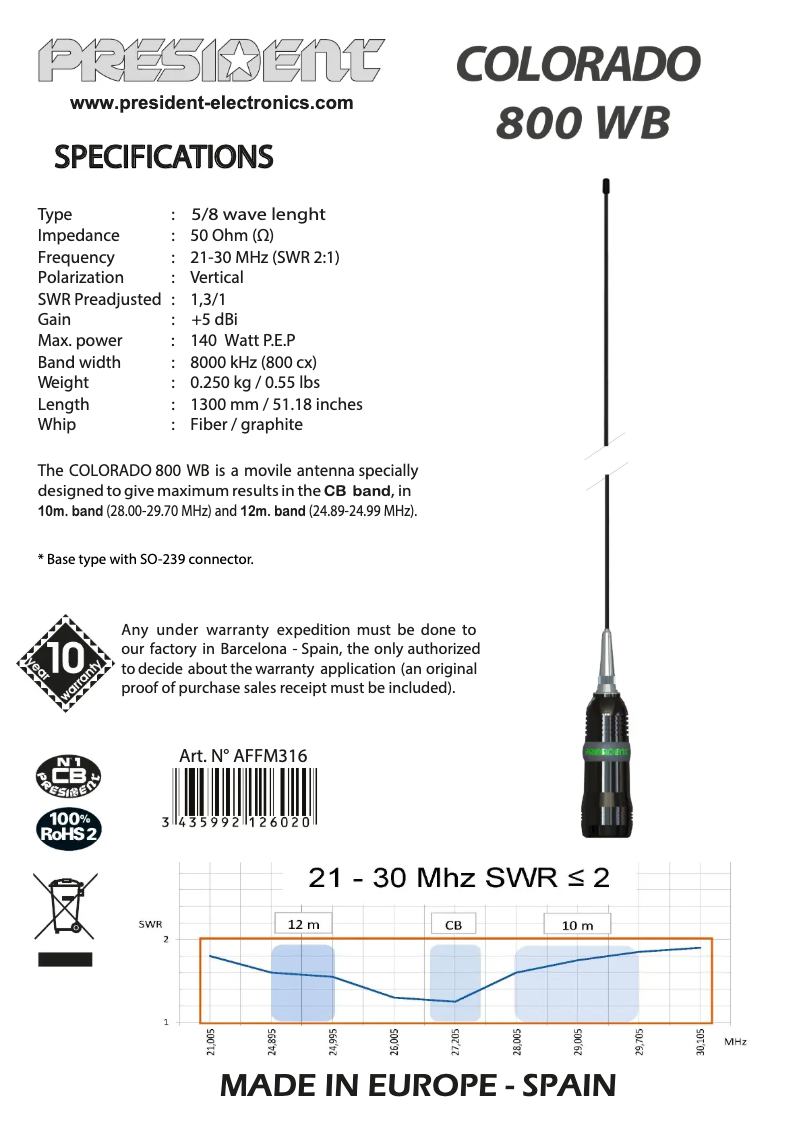 Page 1 de la notice Manuel utilisateur President Colorado 800 WB