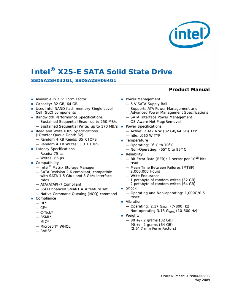 Page n°1 - Manuel utilisateur Intel X25-E SATA