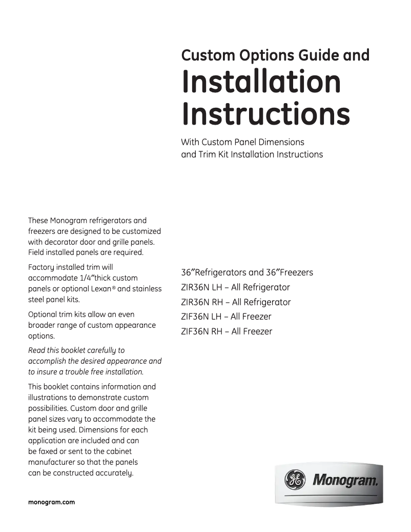 Page n°1 - Guide d'installation GE ZIF36NMLH