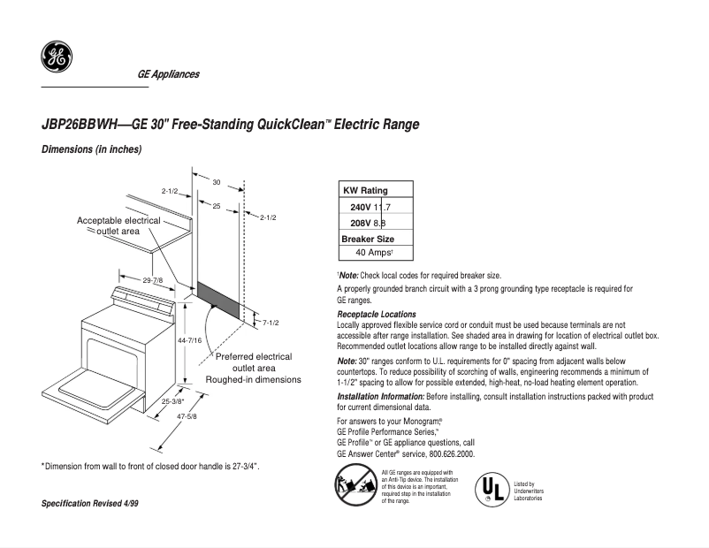 Page n°1 - Fiche technique GE JBP26BBWH