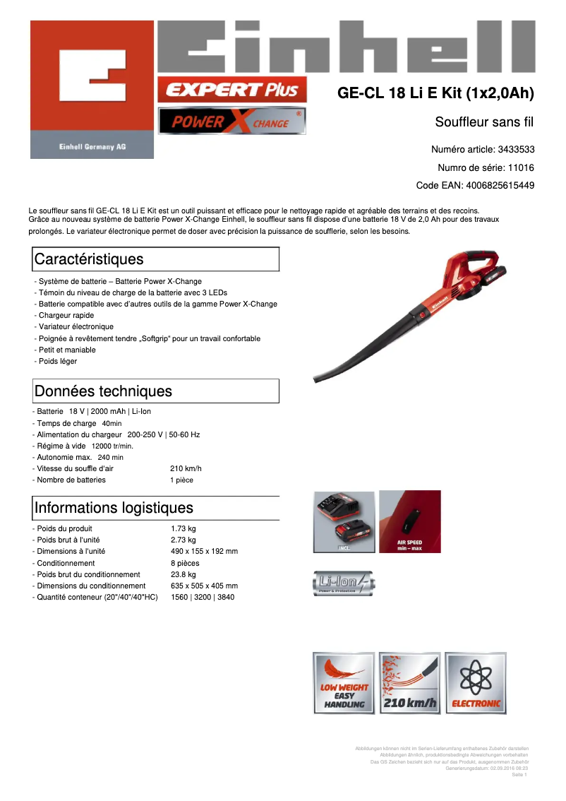 Page n°1 - Fiche technique Einhell GE-CL 18 Li E