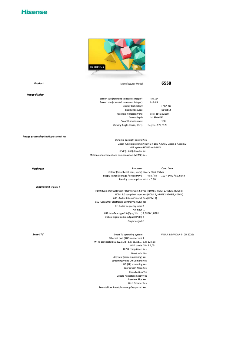 Page n°1 - Fiche technique Hisense Series 8 65S8