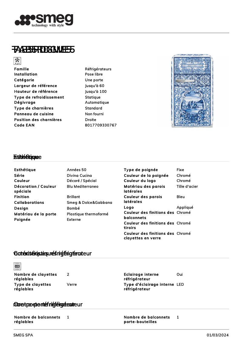 Page 1 de la notice Fiche technique Smeg FAB5RDG