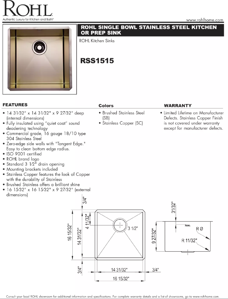 Page n°1 - Fiche technique Rohl RSS1515