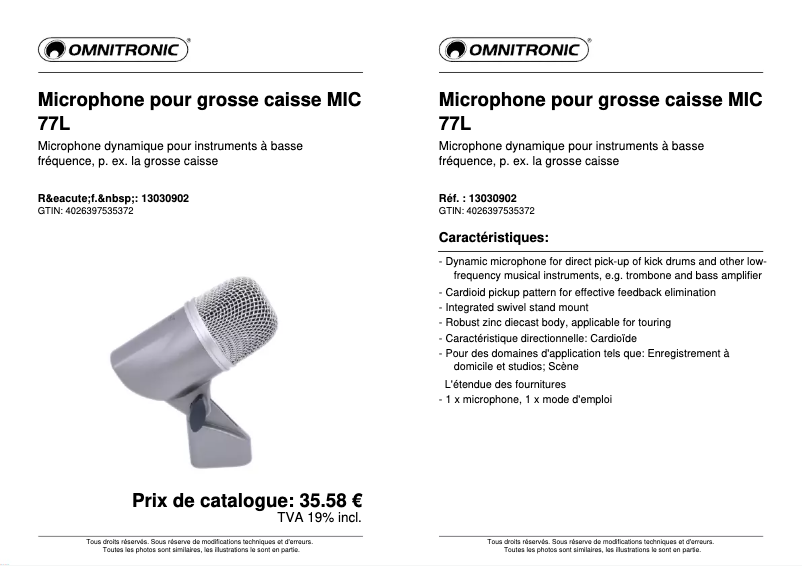 Page n°1 - Fiche technique Omnitronic MIC 77L