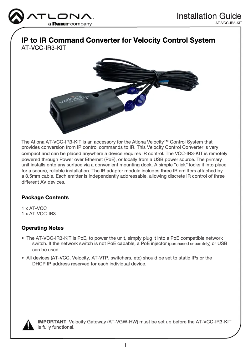 Page 1 de la notice Manuel utilisateur Atlona AT-VCC-IR3-KIT