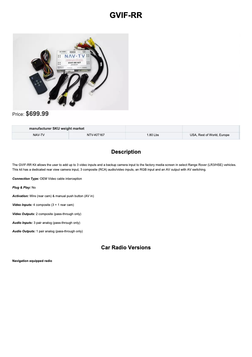 Page n°1 - Fiche technique NAV-TV GVIF-RR NTV-KIT167