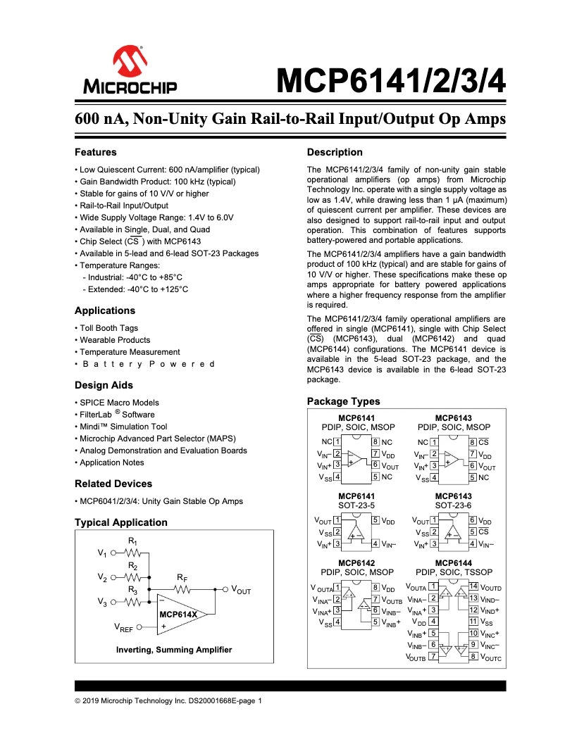 Page 1 de la notice Fiche technique Microchip MCP6142