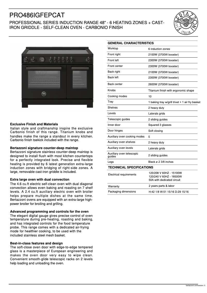 Page 1 de la notice Fiche technique Bertazzoni PRO486IGFEPCAT