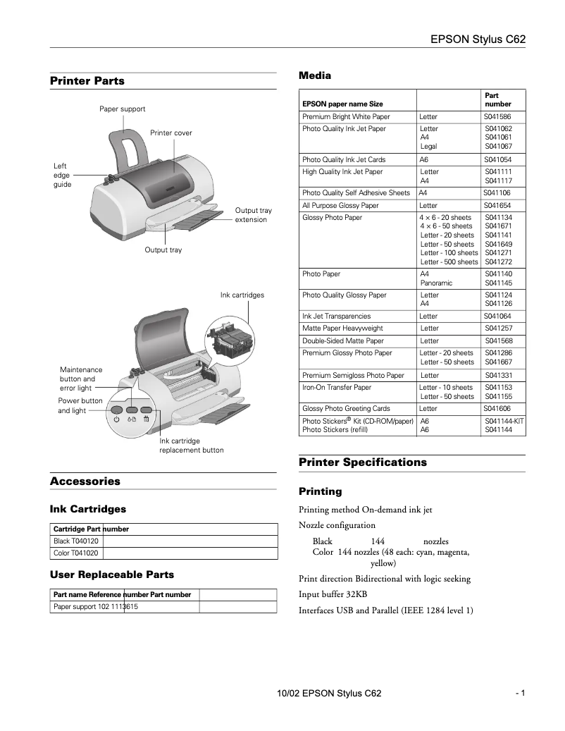 Page 1 de la notice Manuel utilisateur Epson Stylus C62