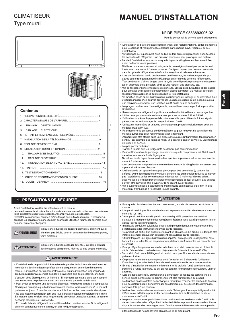 Page 1 de la notice Manuel utilisateur Fujitsu ASYG12KPCA