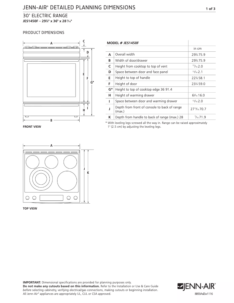 Page n°1 - Dessin technique JennAir JES1450FS
