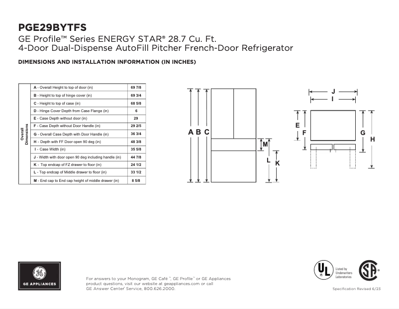 Page 1 of the manual Technical Sheet GE PGE29BYTFS