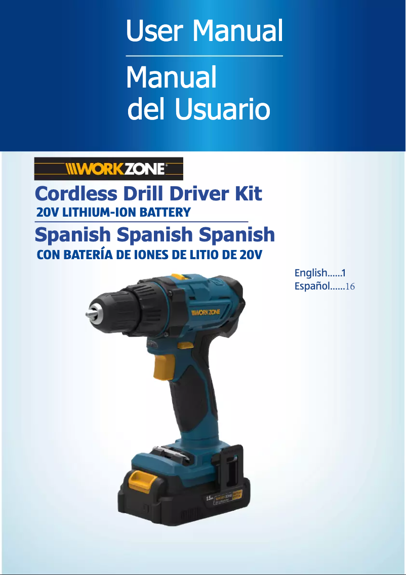 Page n°1 - Manuel utilisateur Workzone 20V Li-Ion Drill/Driver Kit PT160102K